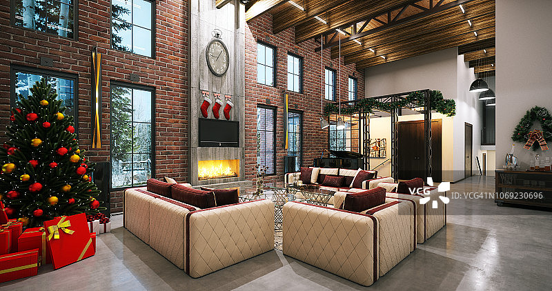 圣诞工业阁楼室内设计图片素材