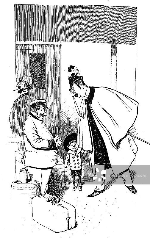 高个男人带着孩子向工作人员询问驾驶计划-1896图片素材