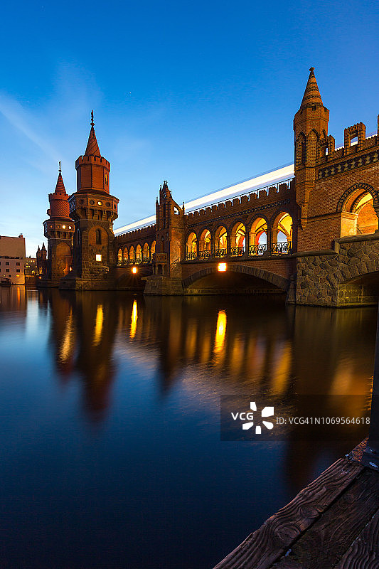 行驶中的地铁列车与奥伯鲍姆桥（柏林）图片素材