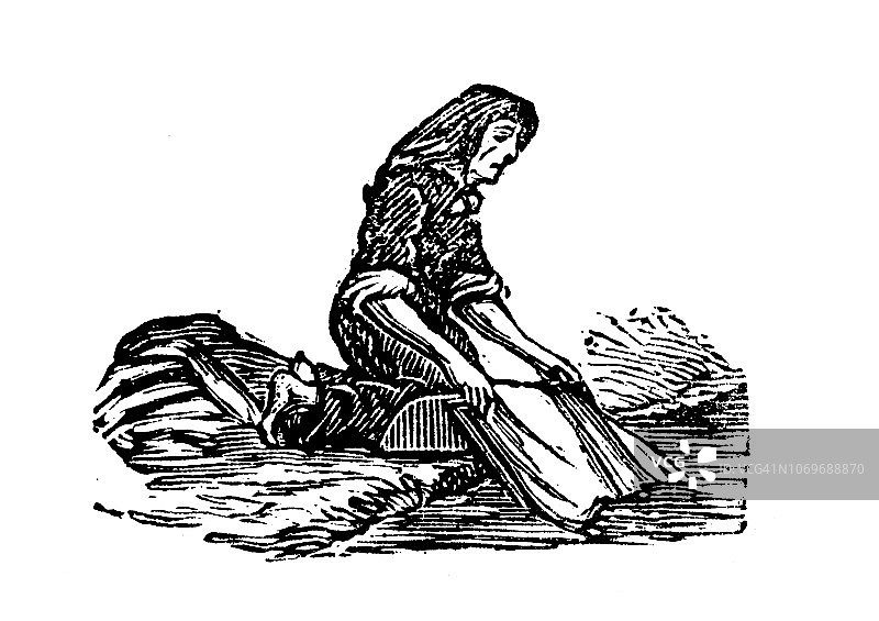 洗涤的女人古董版画插图图片素材