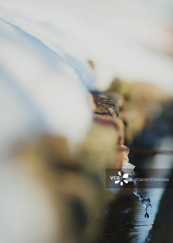 被雪覆盖的屋顶排水管内融化的冰图片素材