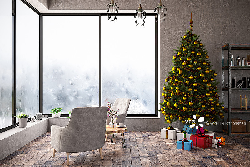 带圣诞树和礼物的室内设计，2019新年概念图片素材