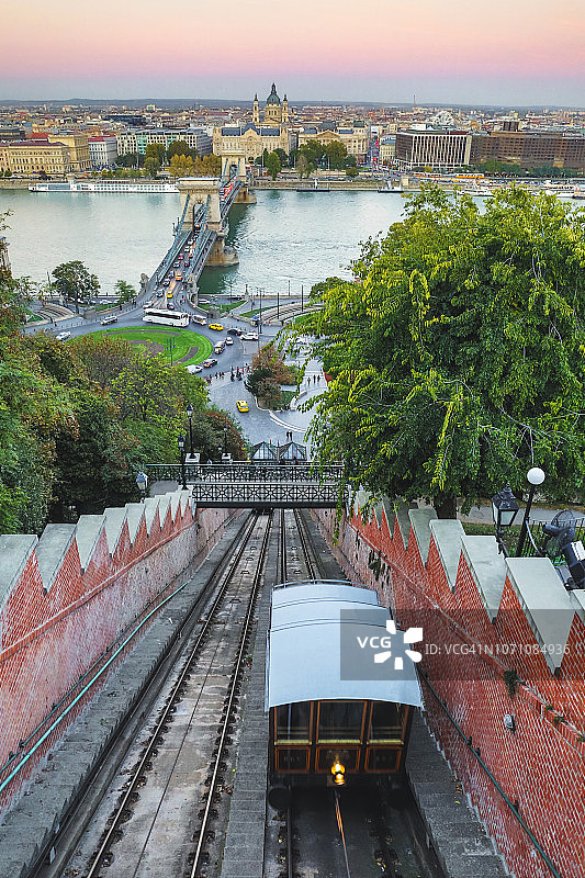 匈牙利布达佩斯，黄昏时分的布达城堡缆车、塞切尼链桥和城市天际线图片素材