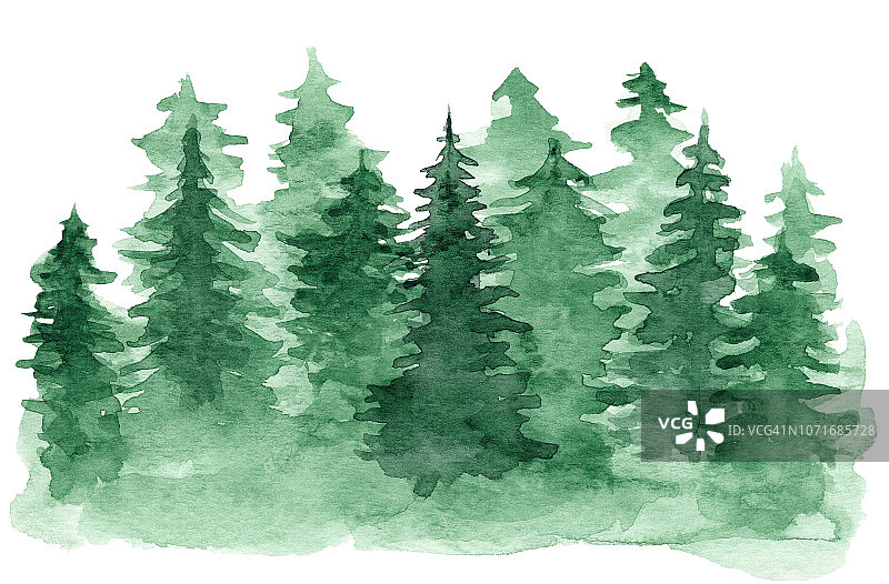 绿色针叶林水彩背景图片素材