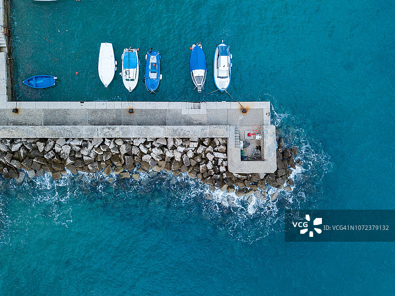 混凝土码头旁停泊的小船（俯视）图片素材