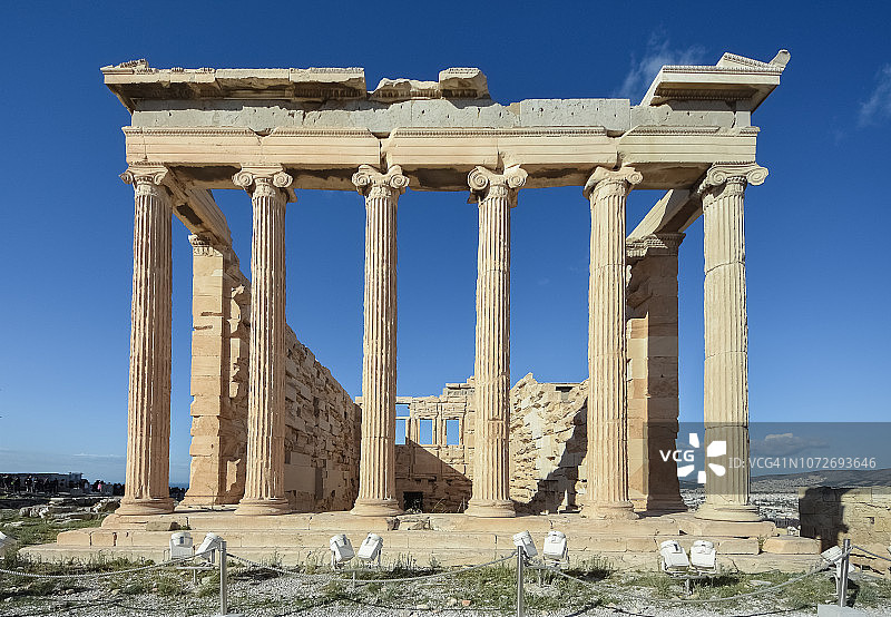 特写：厄瑞克提翁神庙、女像柱门廊、雅典娜和波塞冬神庙、雅典卫城，希腊图片素材