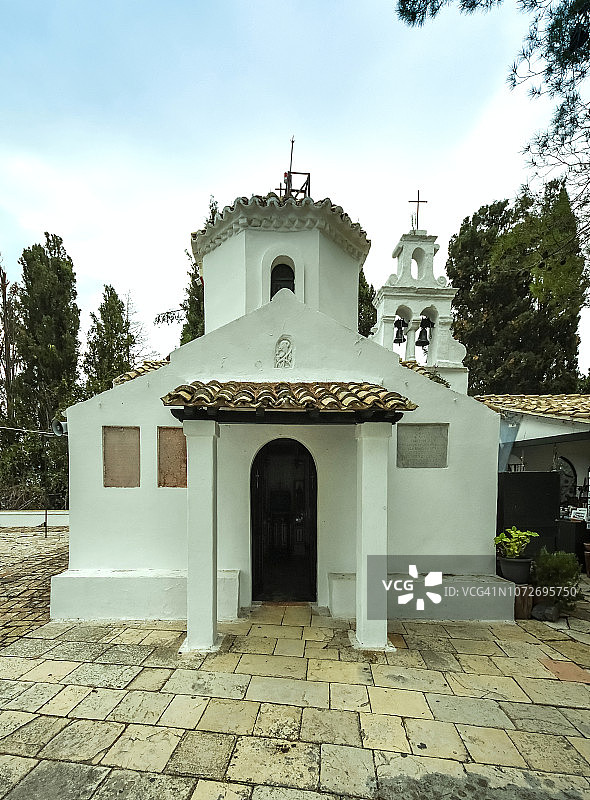 科孚岛卡诺尼半岛蓬蒂科尼西岛上的拜占庭小教堂，希腊图片素材