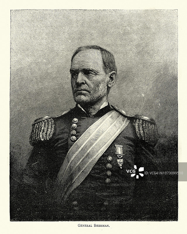 美国士兵威廉·特库姆塞·谢尔曼将军，19世纪图片素材