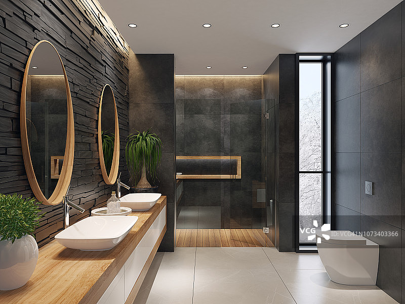 奢华极简浴室黑色板岩墙图片素材