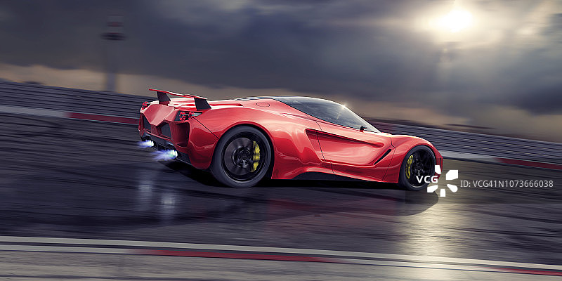 赛道上疾驰的红色跑车与火焰图片素材