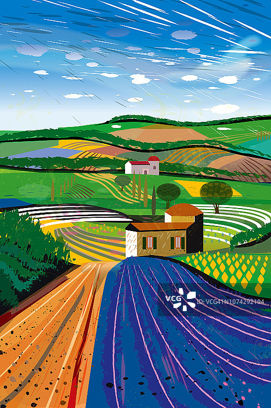 薰衣草农场乡村田园风光插画图片素材