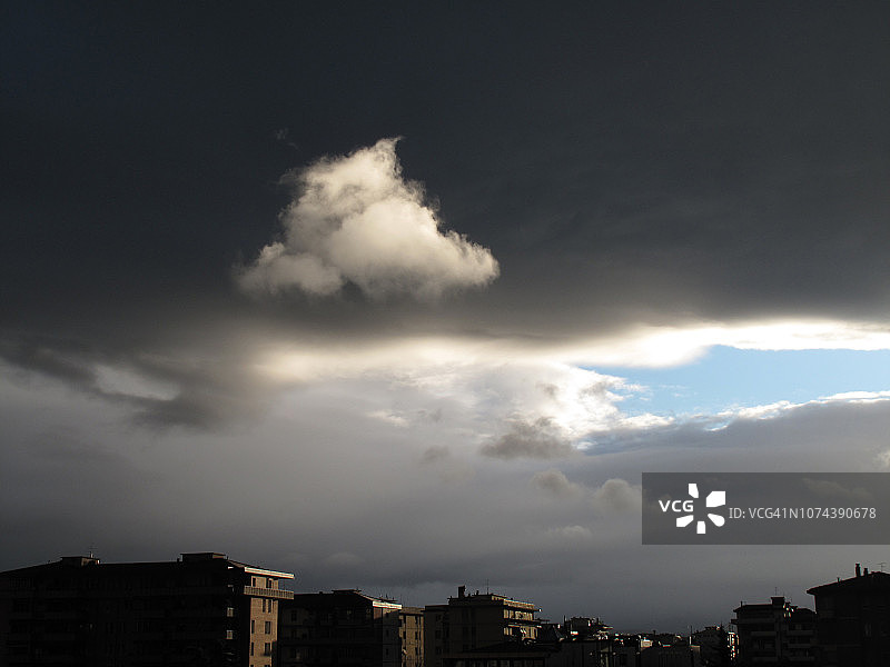 城市天际线上黑暗的天空和蓬松的白云图片素材