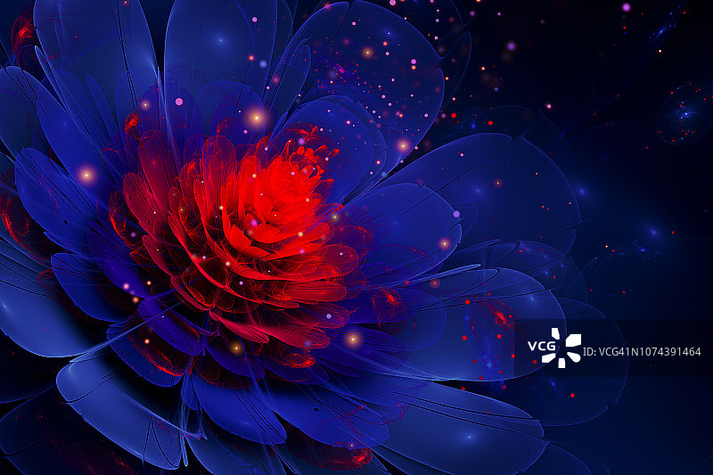 3D蓝色红色发光花朵分形粒子效果图片素材
