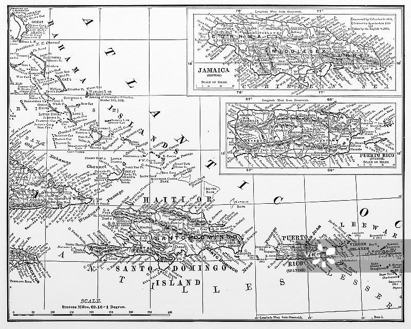 美国海军和陆军：海地、牙买加和波多黎各地图古董插画图片素材