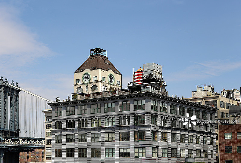 纽约布鲁克林曼哈顿大桥附近的Dumbo经典办公楼天际线图片素材