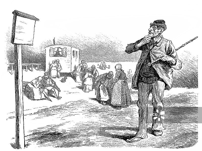旅行者在信息牌前阅读信息 - 1896年图片素材