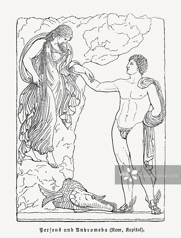 珀尔修斯与安 Andromeda，希腊神话，1897年木刻版画图片素材