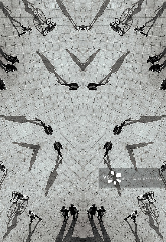 抽象图像：城市中行人步行的航拍万花筒渲染图图片素材