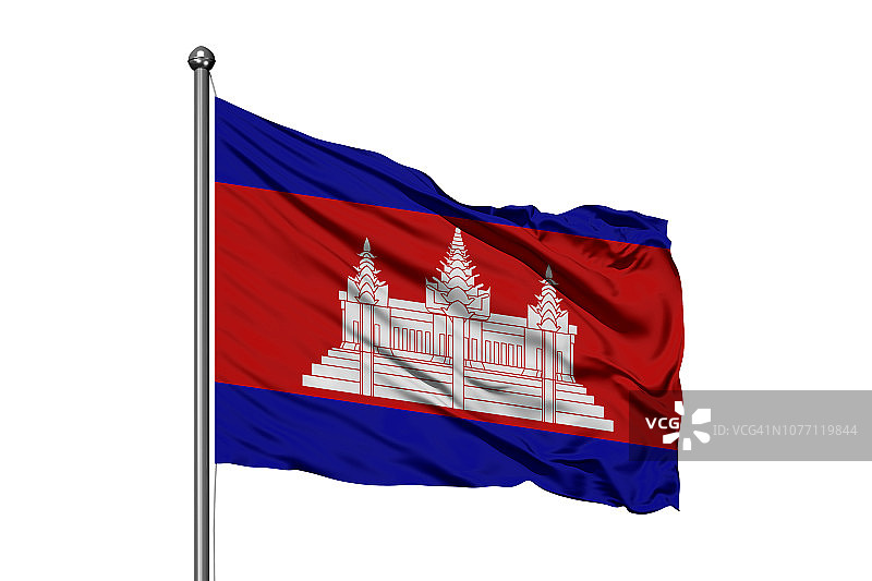 在风中飘扬的柬埔寨国旗，白色背景图片素材