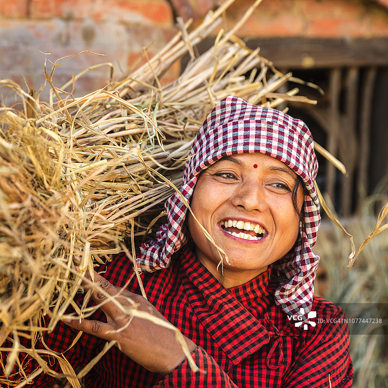 携带稻草的尼泊尔妇女图片素材