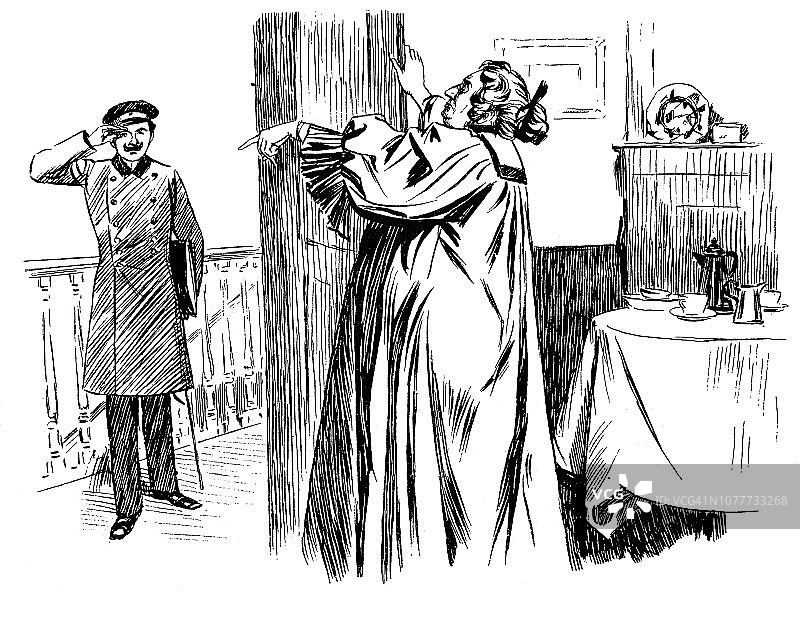 1896年，军官在衣柜旁向一名女子报告命令图片素材