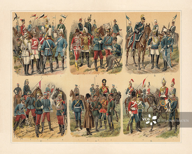 欧洲骑兵队，彩色石印画，理查德·克诺特尔 (1857-1914) 绘，1897 年出版图片素材