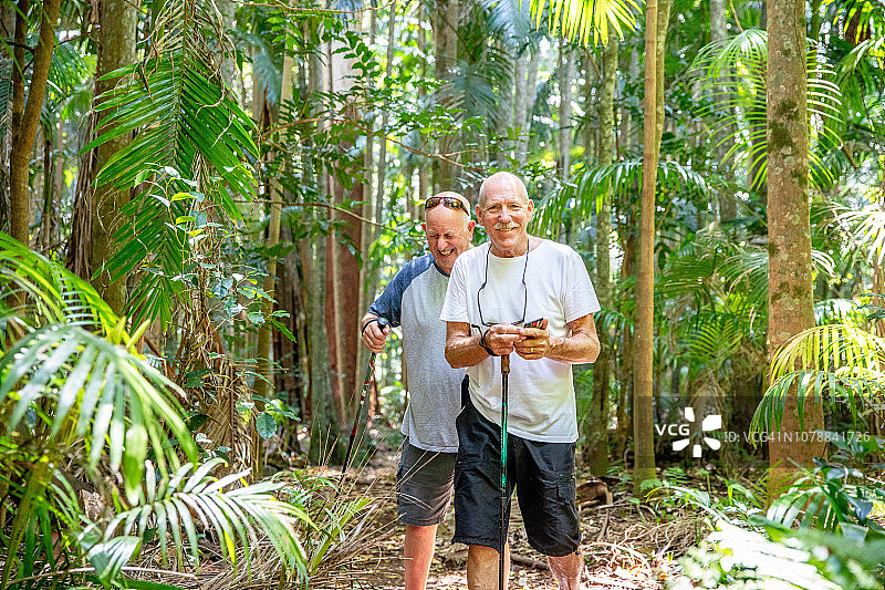 活力老人的冒险：与家人朋友在澳大利亚雨林中丛林徒步图片素材