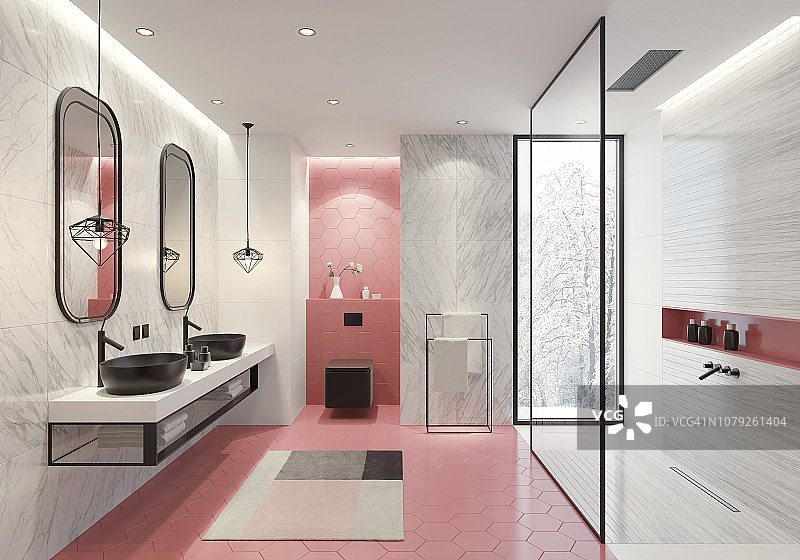 现代浴室，浅粉色蜂窝瓷砖图片素材