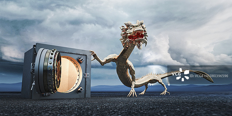 守护保险箱的金色东方龙图片素材