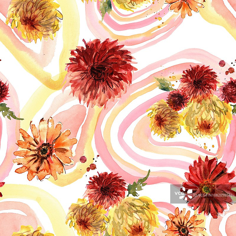 红色和黄色非洲菊菊花水彩无缝图案图片素材