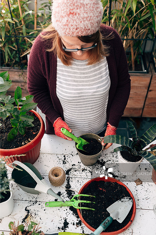 年长妇女在她的城市露台上园艺图片素材