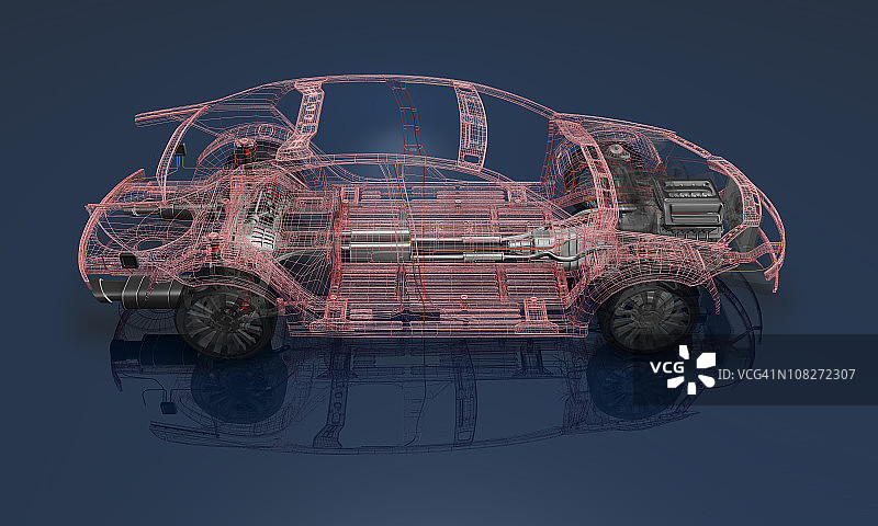 蓝色背景上的线框车3D渲染图片素材