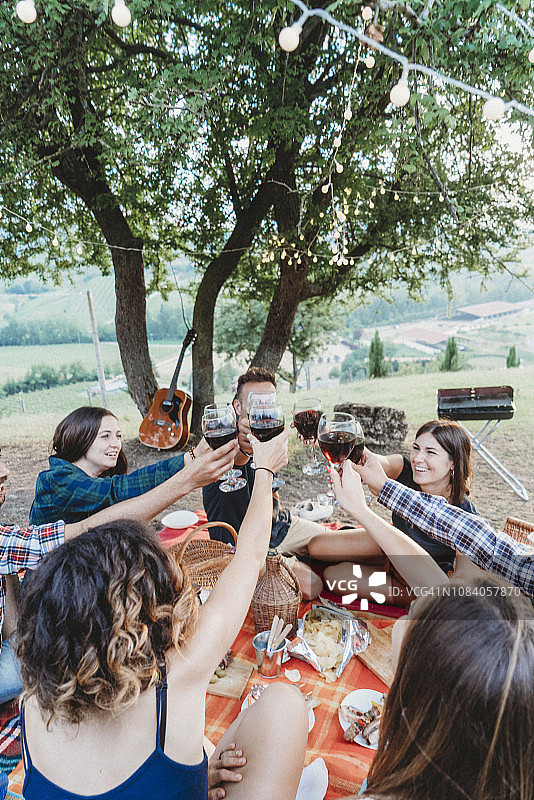 朋友在乡村日落野餐时举杯图片素材