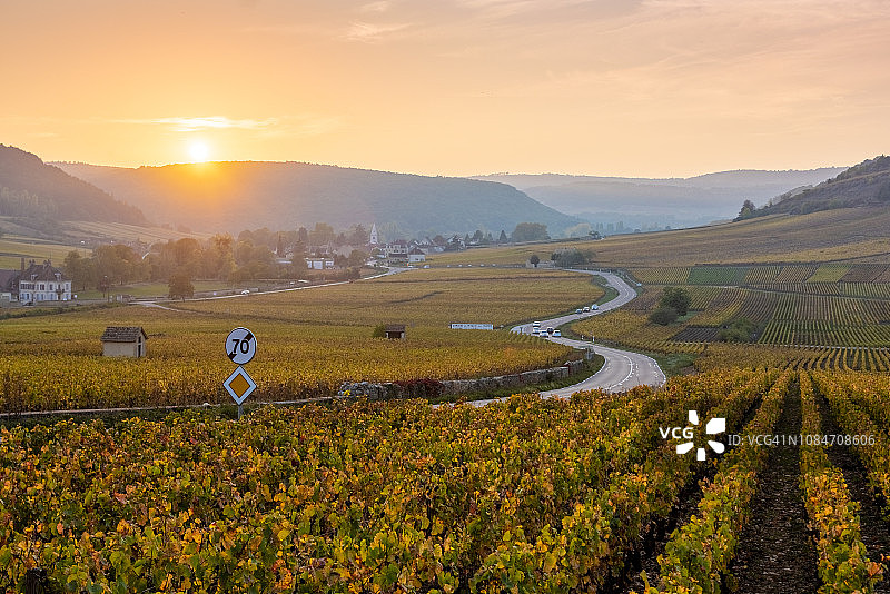 法国勃艮第日落时分的葡萄园蜿蜒道路图片素材