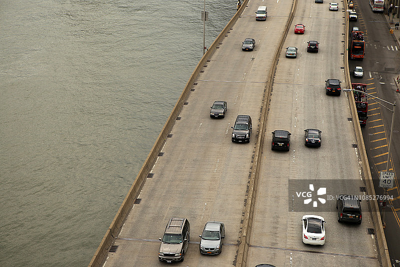 纽约市曼哈顿东侧沿东河的罗斯福东河快速路俯视图图片素材