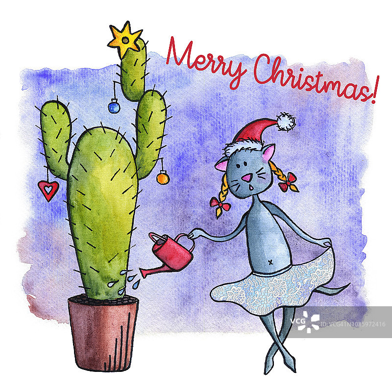 手绘有趣的猫在蓝色背景上浇灌圣诞树仙人掌图片素材