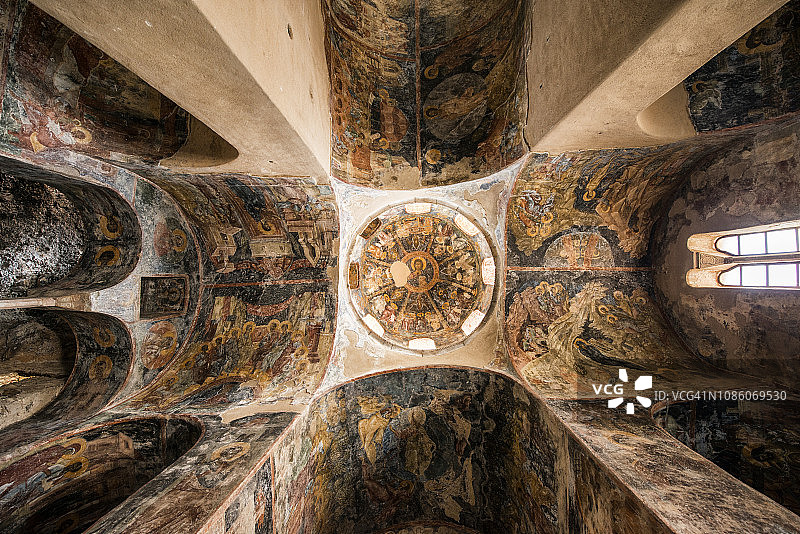 伯罗奔尼撒半岛米斯特拉斯中世纪古镇遗址的Pantanassa修道院绘画，希腊图片素材