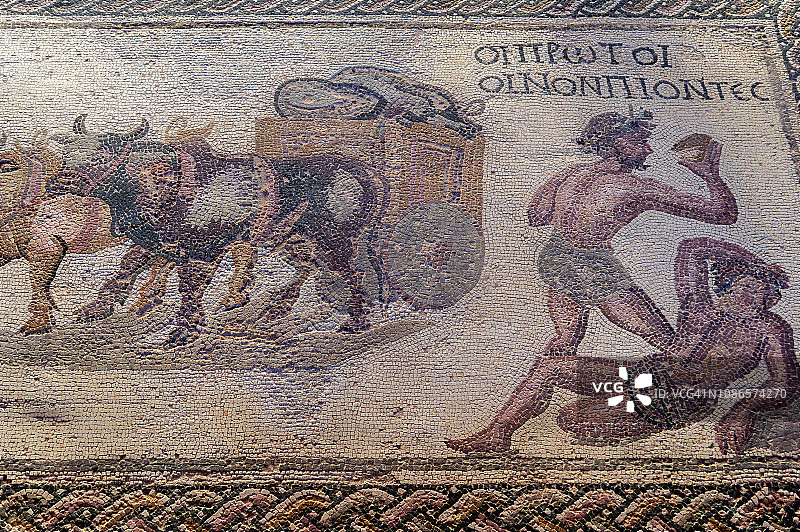 葡萄酒饮用者马赛克，西廊，狄俄尼索斯之家，帕福斯新城，塞浦路斯帕福斯图片素材