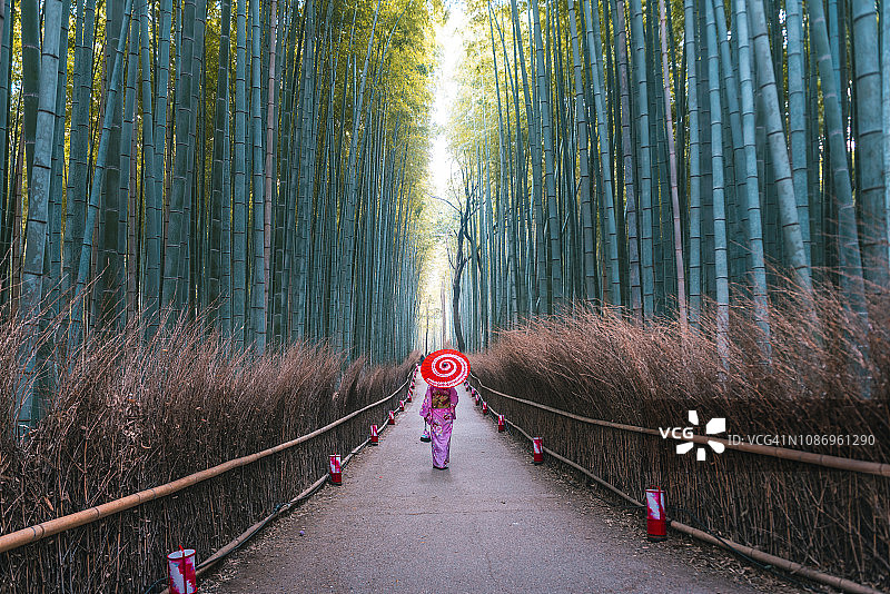日本女人在京都岚山竹林中漫步图片素材