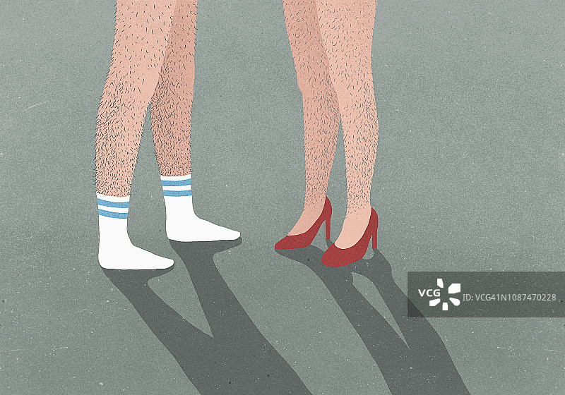 穿运动袜的男人和穿高跟鞋的女人，都有多毛的腿图片素材