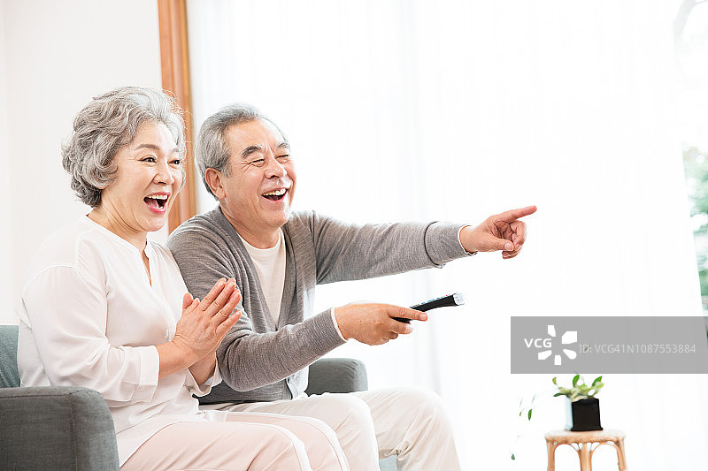 老年夫妇在沙发上看电视图片素材