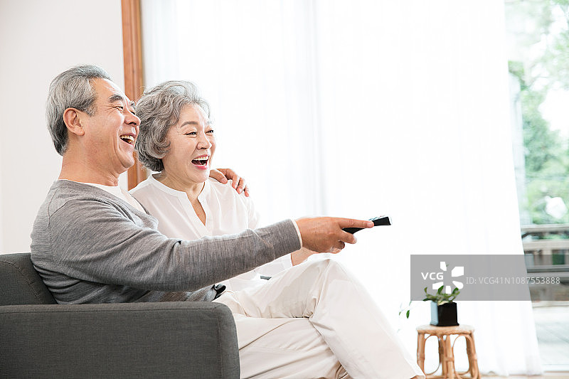 老年夫妇在沙发上看电视图片素材