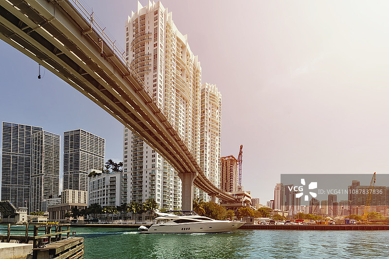 船只经过迈阿密河桥下图片素材