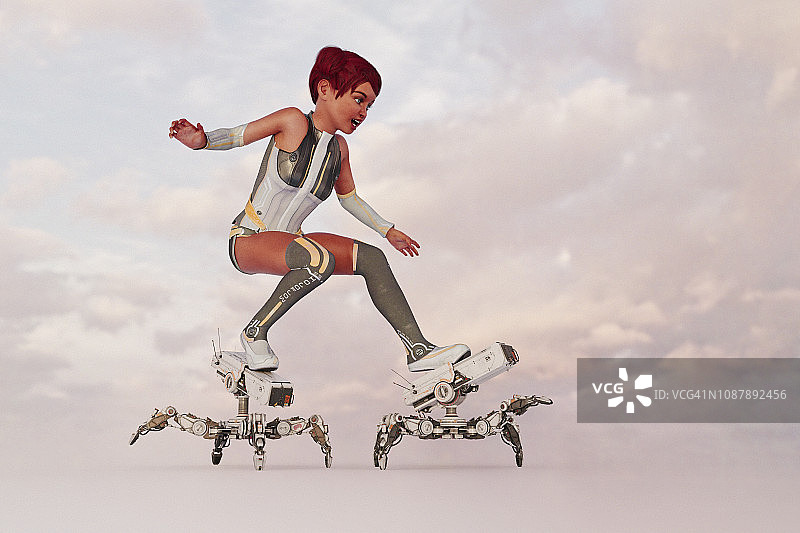 未来女孩脚穿蜘蛛机器人图片素材