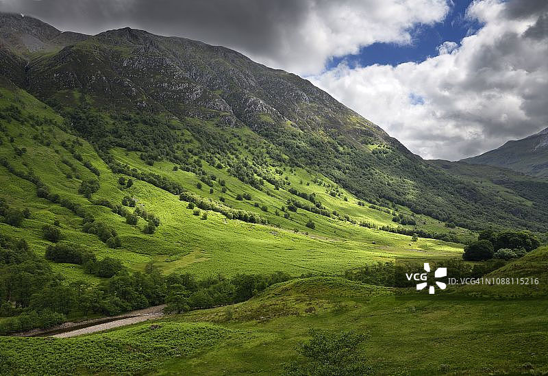 通往云雾缭绕的本尼维斯山和尼维斯河绿色山坡的五指峡谷，苏格兰高地，英国图片素材