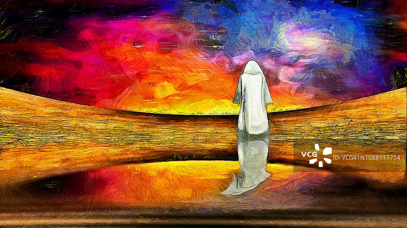 超现实绘画：白色斗篷的人站在虚幻的土地上，生动的天空图片素材