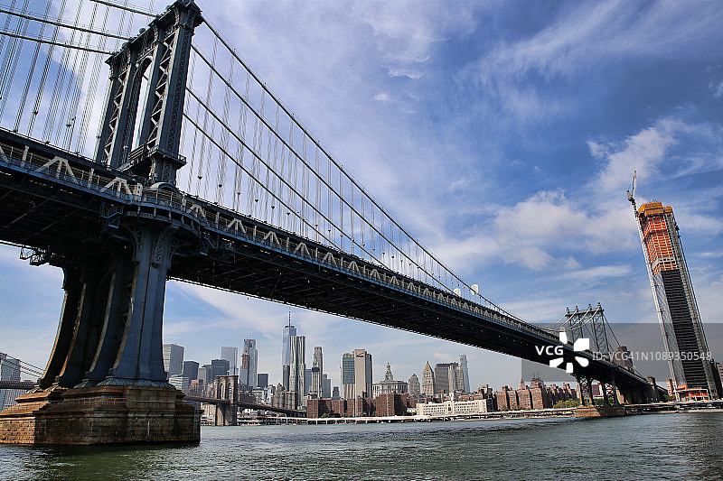 从纽约布鲁克林约翰街公园眺望曼哈顿大桥及下曼哈顿天际线，美国图片素材