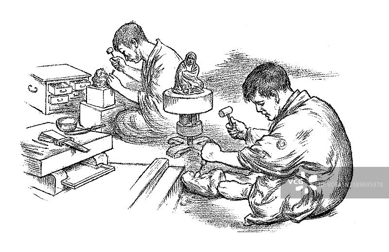 古代艺术雕刻插画：日本艺术学校 - 雕塑家图片素材