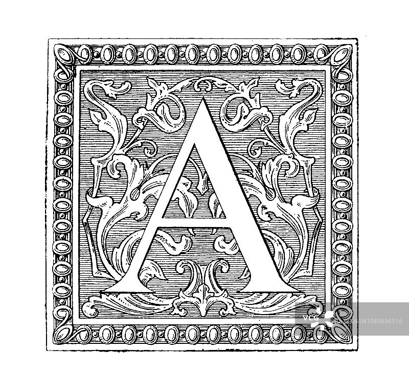 古董艺术雕刻插图：华丽的字母A图片素材