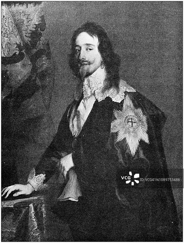 古董艺术绘画插画：凡·戴克 - 英国查理一世图片素材